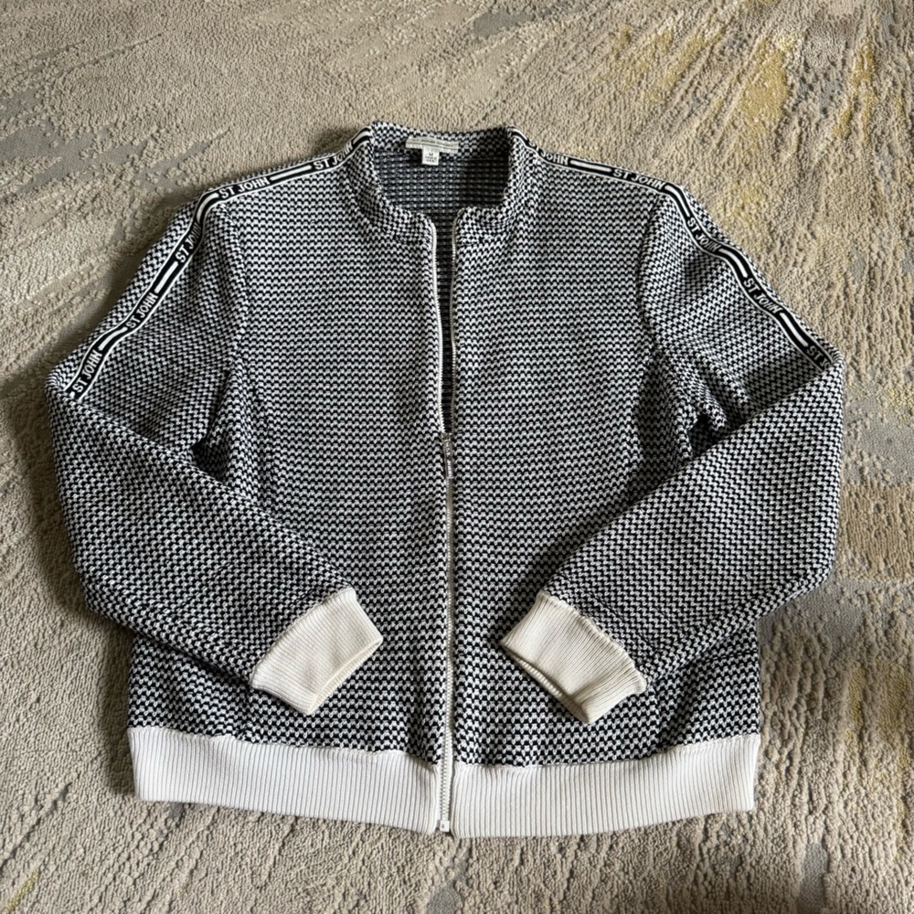 St. John black white blazer sport jacket sweater blazer zip front medium
